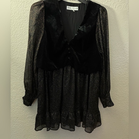 Zara Black With Gold Glitter Sheer Mini Dress With Velvet Vest In S - Picture 6 of 12